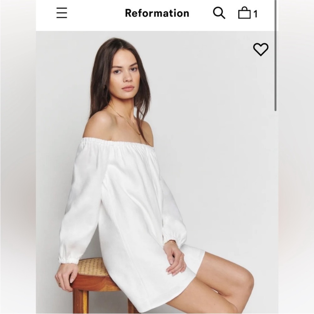 Reformation NWT White Andi 100% Linen Mini Dress Long Sleeve Off Shoulder - L